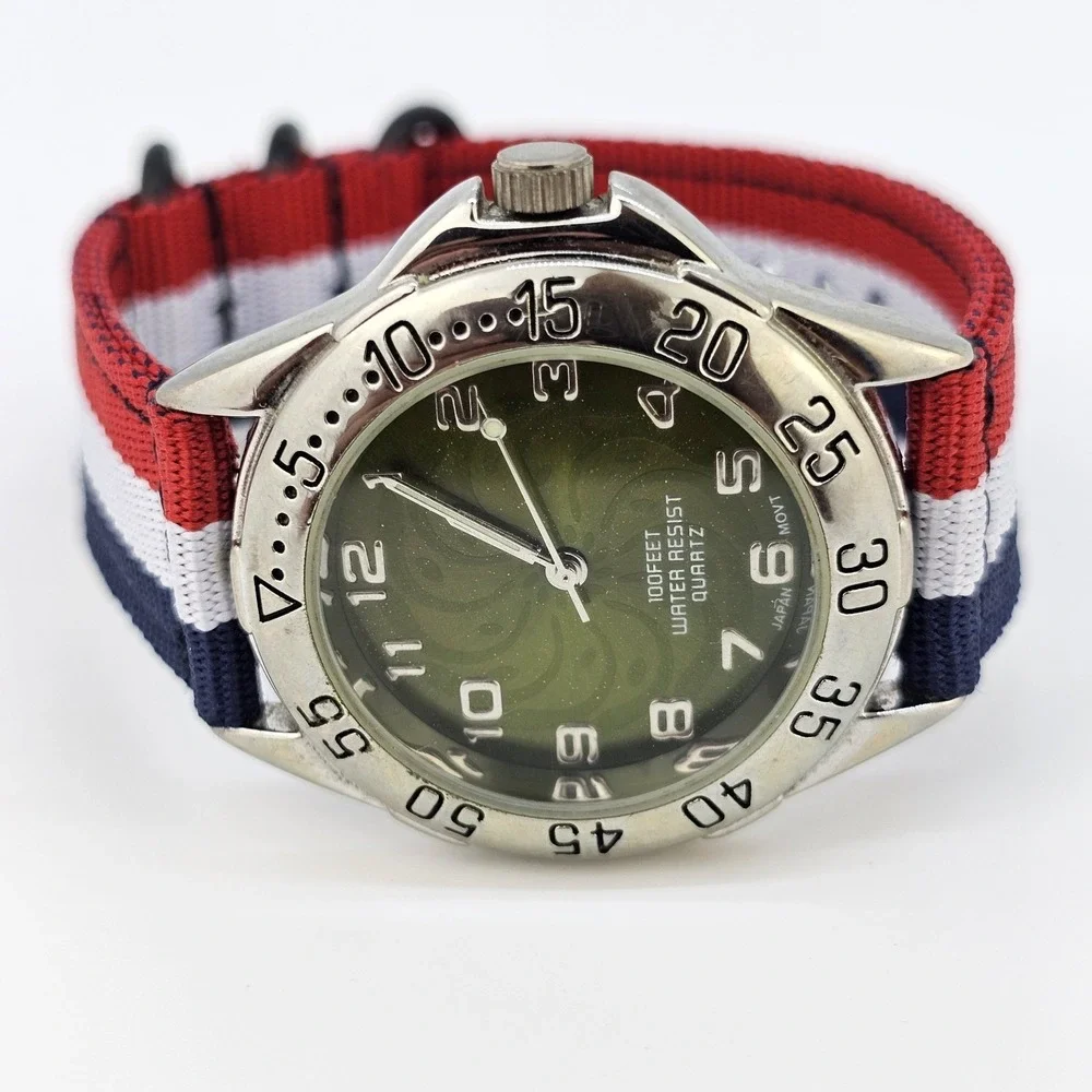 Men's‎ Analog Watch 38MM Green Dial NEW Multicolor Nylon Bands NEW Battery